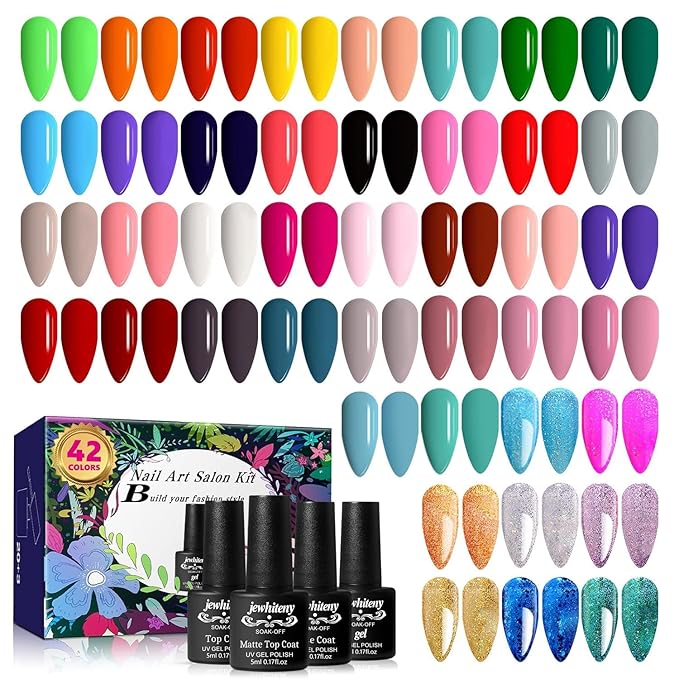 JEWHITENY 45PCS Gel Nail Polish Kit, 42 Colors 5ML Gel Polish Nude Gray Pink Blue Soak Off Glitter Nail Art Starter Kit Beauty Gifts Set for Women Girls Valentines Mother's Day Gift