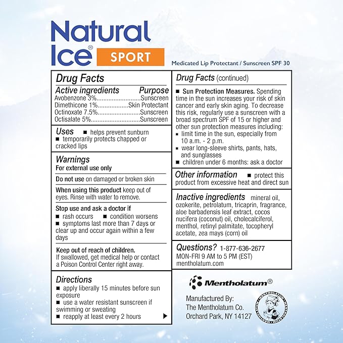 Mentholatum (R) Natural Ice (R) Sport Broad Spectrum SPF 30 Medicated Lip Balm - 12 Pack of 4.5 g Tubes