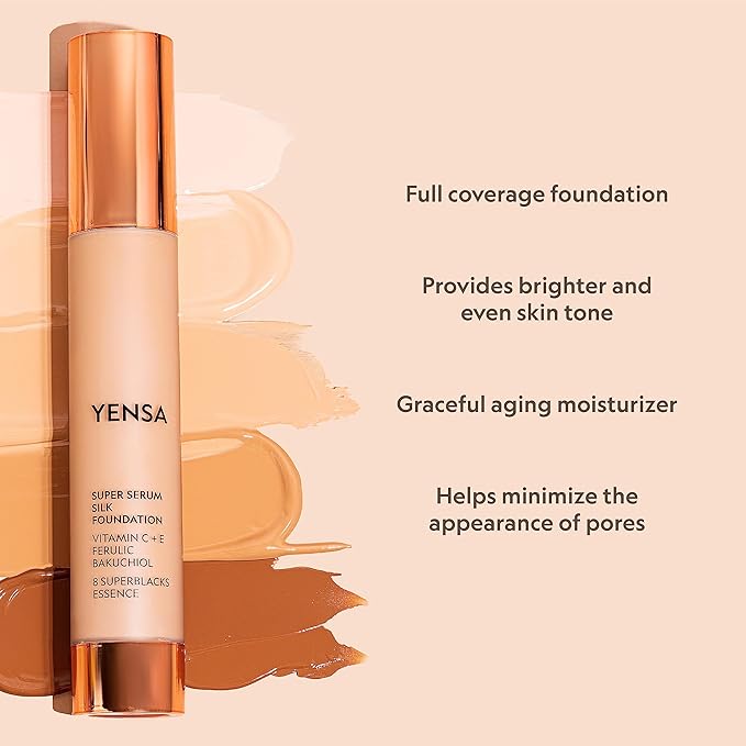 YENSA Super Silk Foundation - Full Coverage, Age-defying complex of Vitamin C, E, Ferulic, and Bakuchiol Oil (Medium 3) 1.0 fl oz