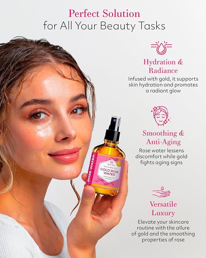 24 Karat Gold Rose Water Toner by Leven Rose Natural Moroccan 24K Rosewater Toner 4 oz