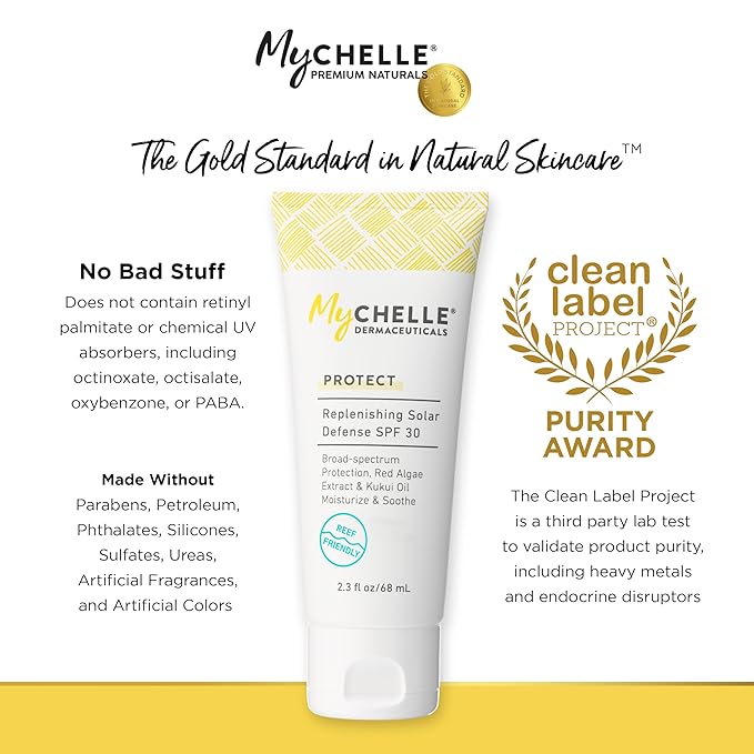 MyCHELLE Dermaceuticals Solar Defense SPF 30 (2.3 Fl Oz) - Moisturizing Reef Safe Sunscreen with Red Algae Extract and Kukui Oil - Travel Size Zinc Sunscreen for Face and Body
