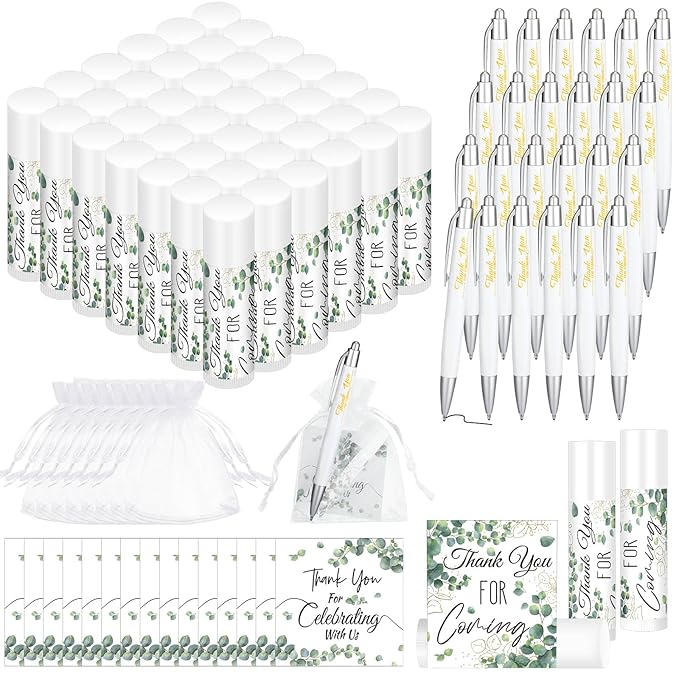 50 Set Bulk Thank You Combo Gifts Include Lip Balms Appreciation Ballpoint Pen Thank You Card Organza Drawstring Gift Bag Pouch for Wedding Parties Baby Shower Favors, Eucalyptus Leaves Style