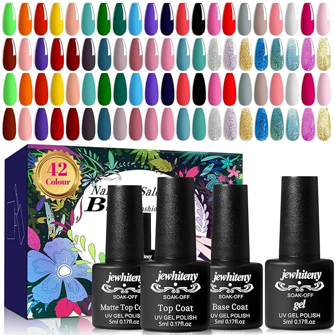 JEWHITENY 45 PCS Gel Nail Kit with 42 Colors Nail Polish Set Green Blue Red Pink Collection Gifts for Women