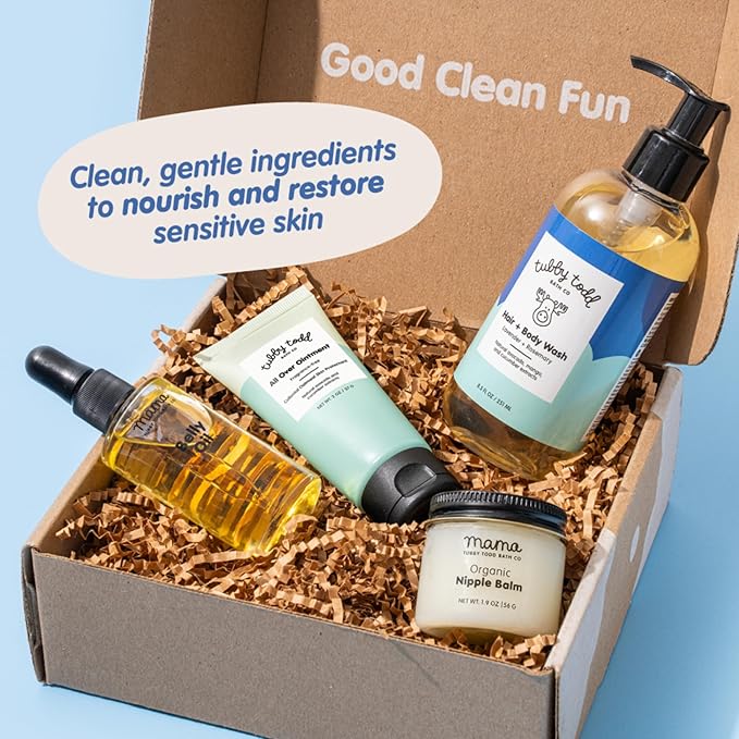 Tubby Todd New Baby & Mom Sensitive Skincare Kit - The Mama + Baby Gift Set - Baby Shampoo and Body Wash, All Over Ointment, Belly Oil & Nipple Balm - Standard Size Fragrance-Free