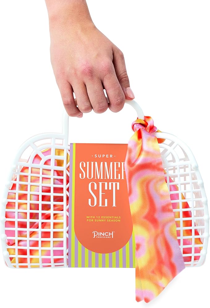 Pinch Provisions Super Summer Jelly Tote, 12 Beach & Poolside Accessories For Beauty, Perfect for Pool & Beach Days, Includes Oil Absorbing Roller, Rechargable Fan, Towel Clips, & Ice Roller