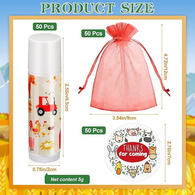 Fumete 50 Pack Baby Shower Farm Animals Party Gifts Favors Bulk Lip Balms for Guests Boys Girls Neutral Gender Reveal Favors for Baby Shower Prizes Souvenirs Bags Stuffer Classroom Prizes