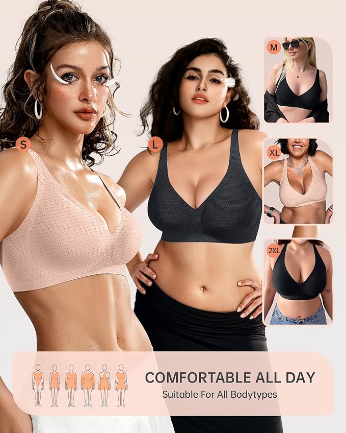 OEAK Womens Deep V Bras Wireless Comfortable Bra Supportive No Underwire Bras Tshirt Push Up Bralettes Plunge Seamless Bra