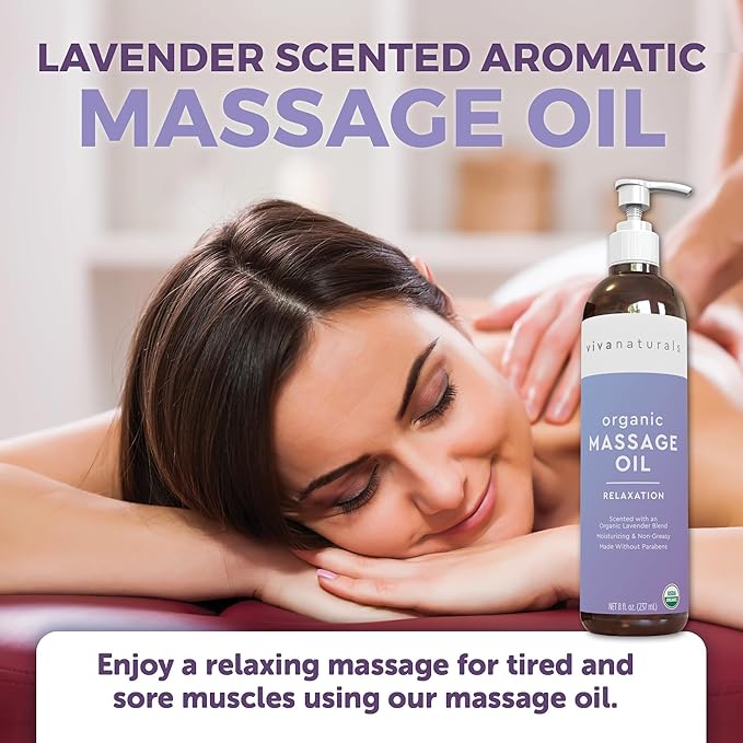 Viva Naturals Organic Massage Oil (8 fl. oz.) - Lavender Scented Non-Greasy Body Massage Oil with Mess-Free Pump, Moisturizing Massage Oils for Massage Therapy, Non-GMO and Certified Organic, 237 mL
