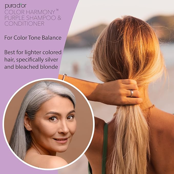 PURA D'OR Purple Shampoo & Conditioner (16oz x 2) ColorHarmony Biotin Set For Bleached, Blonde, Silver & Color Treated Hair - Keratin, Bamboo Fiber, No Sulfates - Men & Women