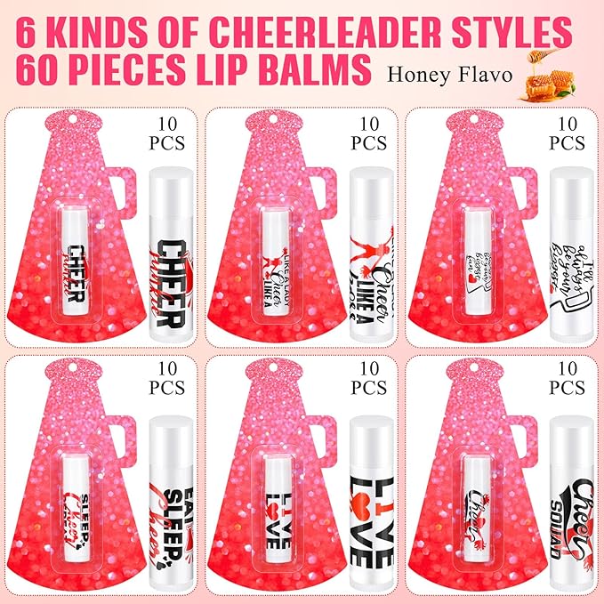 60 Pcs Cheerleading Lip Balm Bulk Cheer Teams Lip Balm Gifts Set Honey Moisturizing Lip Care Flavor Hydration Dry Chapped Lips for Men Women Children(Red)