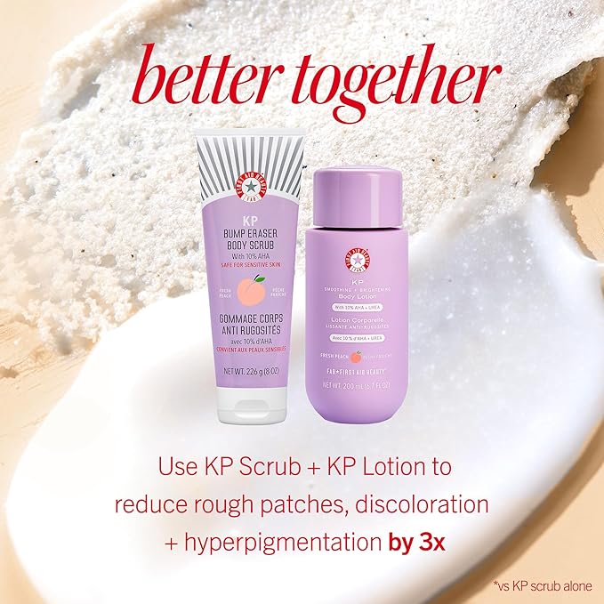 First Aid Beauty - KP Bump Eraser Body Scrub with 10% AHA, Keratosis Pilaris Exfoliator with Glycolic and Lactic acids, Helps Reduce Chicken Skin Bumps, Safe for Sensitive Skin, Peach Scent (8 oz)