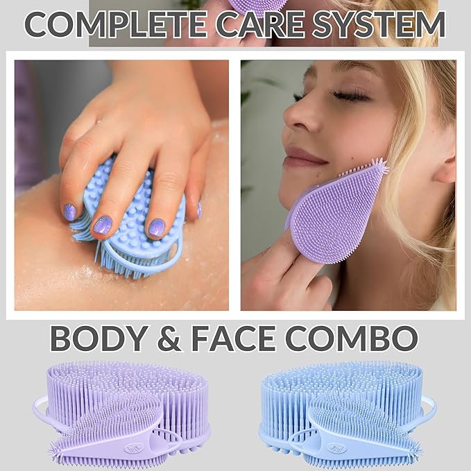 Avilana Silicone Body Scrubber – Gentle Shower Brush & Loofah Alternative- Food Grade & Lab Tested – Fast-Drying, Hygienic, BPA-Free Silicone Body Gentle Exfoliator (Blue, Body & Face)