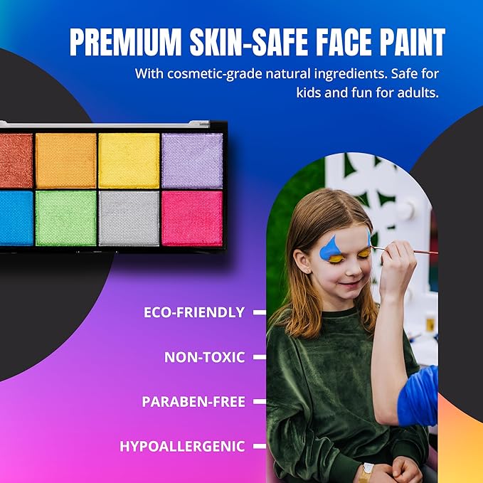 Professional Face Painting Kit - Skin Friendly Face Paint Kit - Cruelty-Free & Vegan Water Based Face Paint Makeup for Theatre, SFX and Halloween- 8 Colors 5g Each - Splashes & Spills (Pearly Colors)