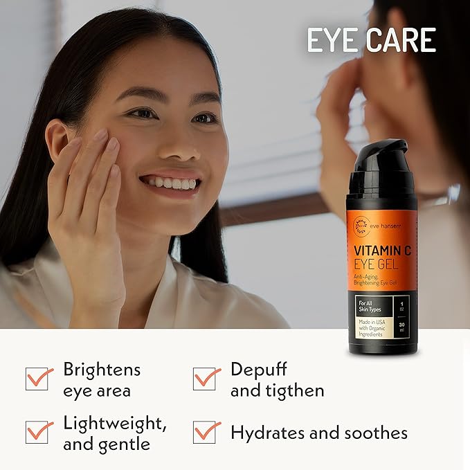 Eve Hansen Vitamin C Eye Gel - Under Eye Cream for Dark Circles and Puffiness - Anti-Aging Eye Repair Cream with Hyaluronic Acid - Under Eye Treatment for All Skin Types - Eye Brightening Cream - 1 oz