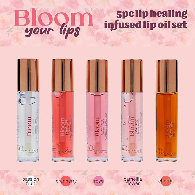 Expressions 5pc Lip Oil Set - Bloom Your Lips Style Essentials Lip Oils, Lip Healing Lip Oil Collection with Precision Applicator Wand | Moisturizing for Everyday Lip Care and Lip Repair (FLORAL)