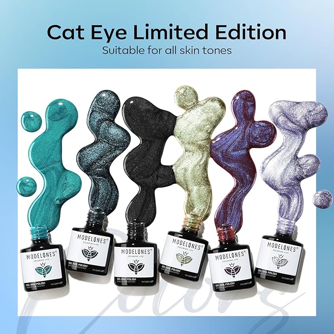 modelones Cat Eye Gel Nail Polish Set, 6 Colors Holographic 9D Glassy Cat Eye Glitter Gel Polish Set Black Blue Purple Green Nail Polish Kit with Magnet Soak Off LED Nail Art DIY Salon Gift
