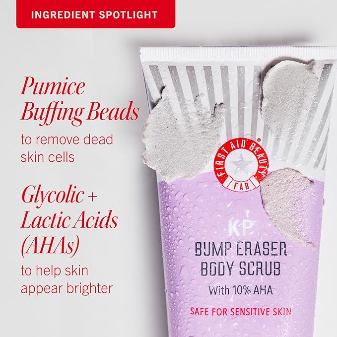First Aid Beauty - KP Bump Eraser Body Scrub with 10% AHA, Keratosis Pilaris Skin Exfoliater with Glycolic and Lactic acids, Helps Reduce Chicken Skin Bumps, Safe for Sensitive Skin, 8 oz, 2ct
