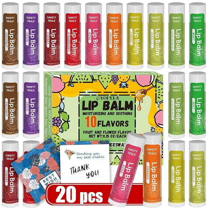 20 Pack Natural Lip Balm Bulk with Vitamin E and Coconut Oil Valentine's Day best choice - Moisturizing, Soothing, and Repairing Dry and Chapped Lips - 10 Flavors - Non-GMO
