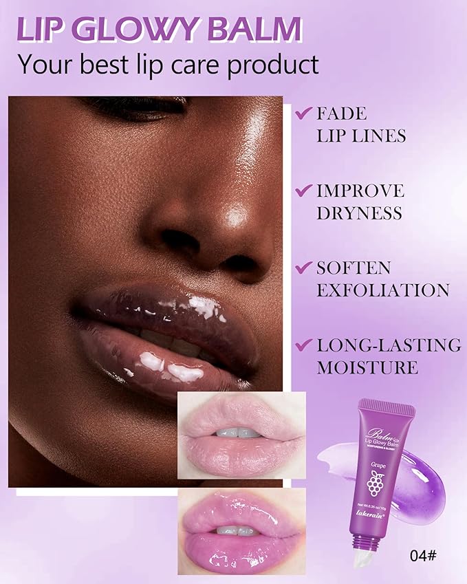 Hydrating Lip Glowy Balm, Ultra-Nourishing Lip Balm for Dry Cracked Lips, Moisturizer Lip Repair Sleeping Lip Mask, Day and Night Lip Care Therapy Treatment,Glossy Smooth Lip Butter Balm-04#Grape