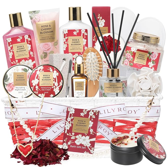 Mothers Day Gifts for Mom Rose & Cherry Blossom Spa Gift Set for Women - 19-Piece Luxury Bath & Body Care Kit with Necklace, DIY Chain, Shower Gel | Valentine's Day, Christmas Gifts for Her, Wife