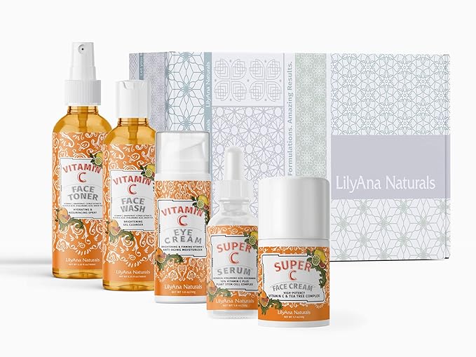 LilyAna Naturals Vitamin C Skincare Gift Set - Brightening and Anti-Aging Skin Care Products - Vitamin C Serum and Hyaluronic Acid - 5 Piece Set
