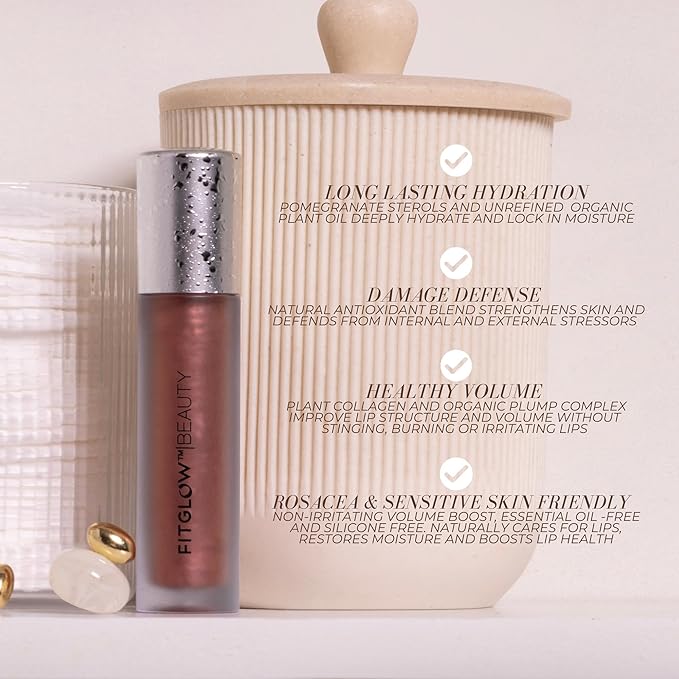 FITGLOW Beauty Lip Colour Serum | Hydrating Lip Gloss | Plumping Anti-Aging Lip Treatment | Natural Shine with Pomegranate Sterols & Collagen | Buildable Color for Dry Chapped Lips | Beach Glow - 10g
