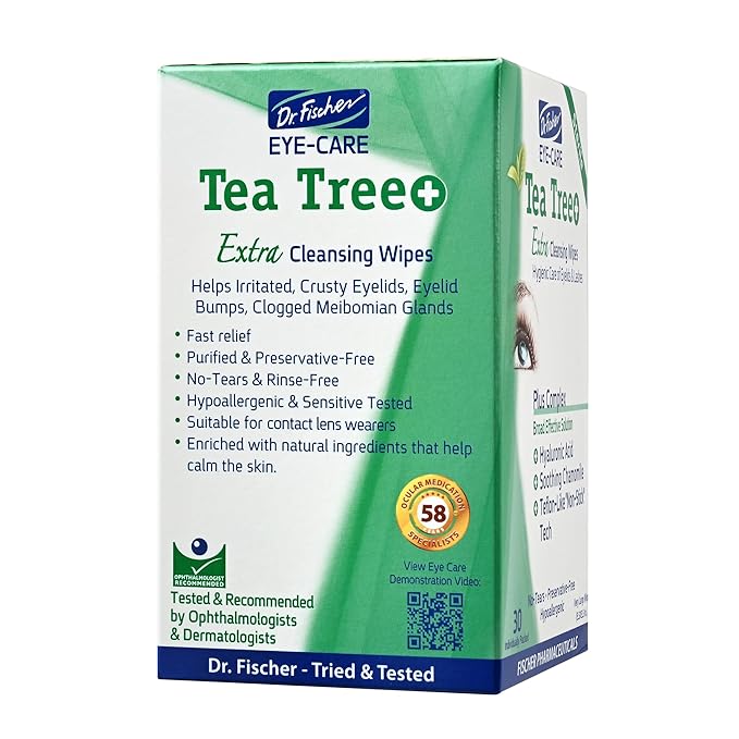 Dr. Fischer Tea Tree Oil Eye Wipes - Eyelid Wipes for Sensitive Eyes with Hyaluronic Acid and Chamomile, Makeup Remover, Daily Cleanser (30 wipes)
