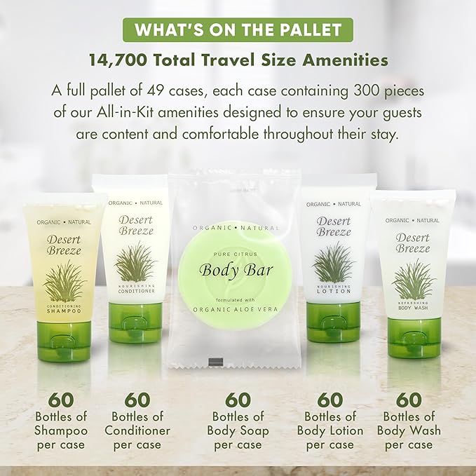 Desert Breeze Hotel Soaps and Toiletries Bulk Set | 1oz Hotel Shampoo & Conditioner, Body Wash, Body Lotion & Bar Soap | Full Pallet 49 cases with 300 units each - 14,700 pieces