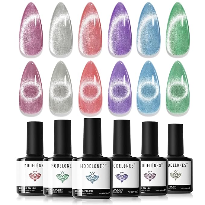 modelones Cat Eye Gel Nail Polish 6 Colors Red Green Silver Purple Blue Glitter Cat Eye Gel Polish Holographic 9D Semi-transparent With Magnet Soak Off Led Nail Art DIY Salon Gifts For Women Girl