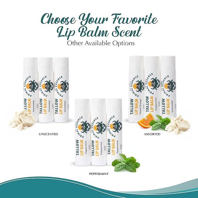 Moisturizing Tallow Lip Balm – Grass-Fed Beef Tallow with Organic Coconut Oil, Beeswax, and Vitamin E – Sweet Orange – Lip Balm Set – Travel Essential – 3-Pack