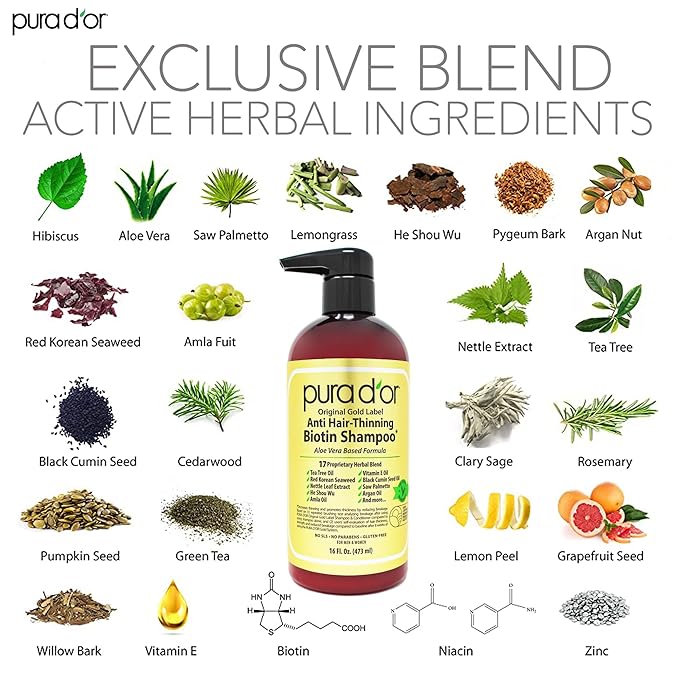 PURA D'OR 16 Oz Original Gold Label Anti-Thinning Biotin Shampoo Natural Earthy Scent, CLINICALLY TESTED Effective Results, Herbal Hair Thickening Products, 3-1 Wash, Women & Men, Color Treated Hair