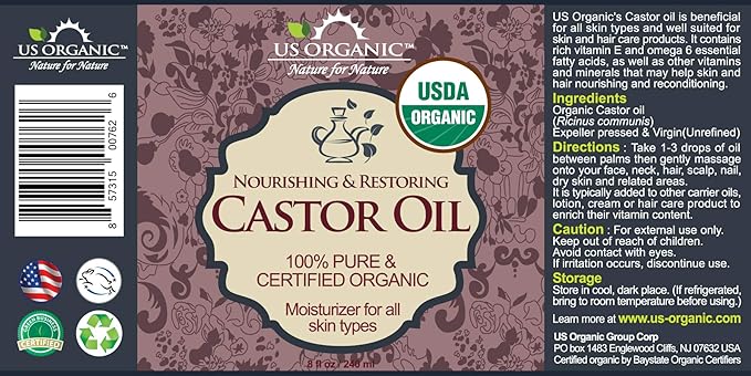 US Organic Castor Oil, USDA Certified Organic,Expeller Pressed, Hexane Free, 100% Pure & Natural moisturizing and emollient properties, For Skin, Hair Care, Eyelashes, DIY projects (8 oz (240 ml))