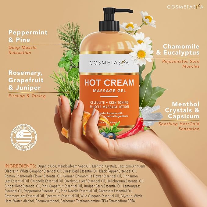 Cosmetasa Hot Cream for Belly - 87% Organic Cellulite Cream - Natural Sweat Cream Massage Gel - Cream for Stomach, Abdomen, Sore Joints, Muscles, Workout (16.9 oz)