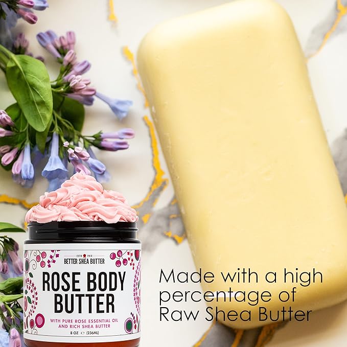 Rose Body Butter for Dry Skin with Whipped Shea Butter and Pure Essential Oil | Ultra Hydrating Rose Lotion for Women | All Natural Moisturizer with No Synthetic Fragrances