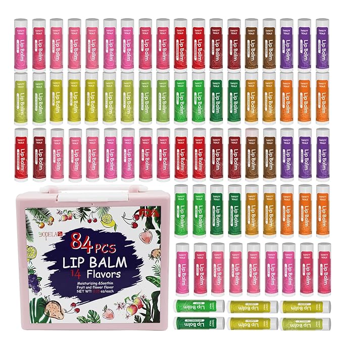 84 Pack Natural Lip Balm Bulk with Vitamin E and Coconut Oil - Moisturizing, Soothing, and Repairing Dry and Chapped Lips - 14 Flavors - Non-GMO