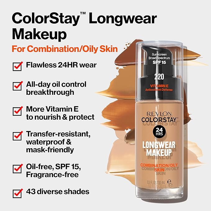 Revlon Liquid Foundation, ColorStay Face Makeup for Combination & Oily Skin, SPF 15, Medium-Full Coverage with Matte Finish, Sun Beige (392), 1.0 oz