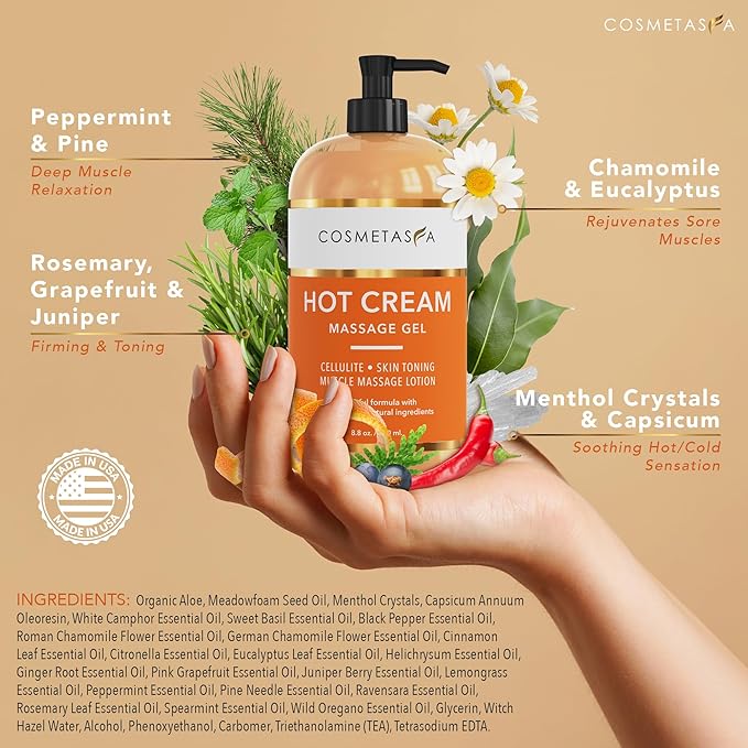 Cosmetasa Hot Cream Massage Gel - Natural and 87% Organic Cellulite Cream - Multi Use, Skin Toning Cream, Soothes Aches, for Sore Joints and Muscle (8.8 Ounce)