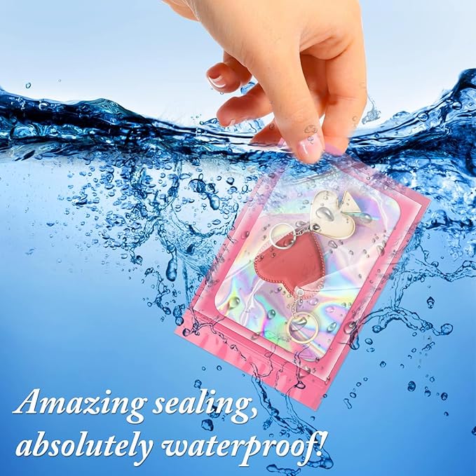 ANZNKU 100 Pcs Smell Proof Mylar Resealable Bags, Holographic Packaging Bags, Resealable Odor Foil Pouch Zip Bag with Clear Window for Food Storage and Lipgloss, Jewelry Lash (Pink, 3.9 x 7.1 Inch)