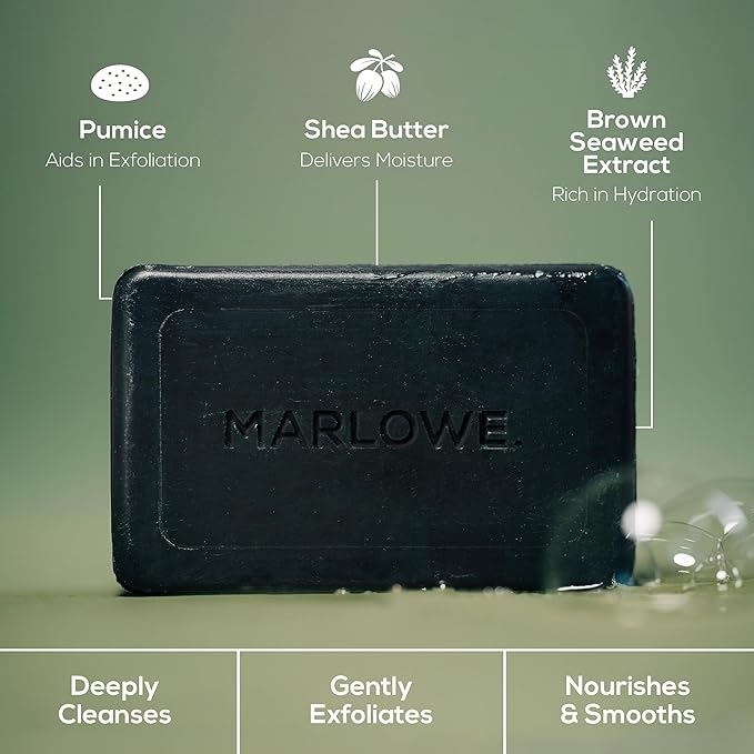 MARLOWE. No. 106 Charcoal Soap 7 oz (12 Bars) Body Bar Soap for Men, Cleansing, Purifying & Hydrating with Natural Extracts, Shea Butter, Olive Oil & Green Tea Extracts, Fresh Woodsy Scent