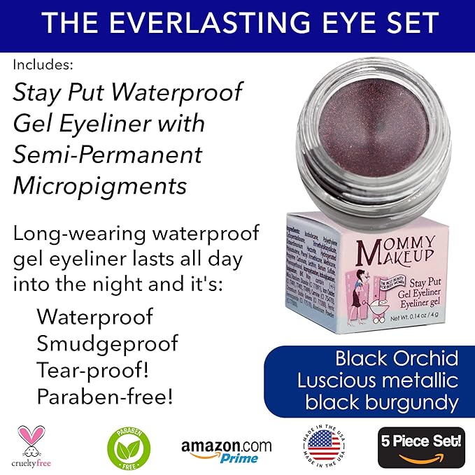 The Everlasting Eye 5 Piece Waterproof Makeup Set. Gel Eyeliner, Creme Eyeshadow, 2 brushes and Mesh Bag. Paraben-free, Talc-free, Cruelty-free. Anna/Black Orchid 1208