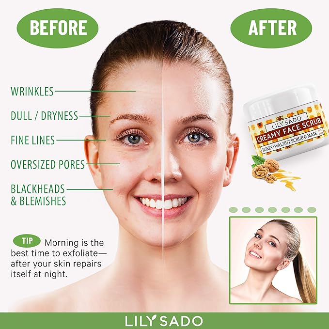 LILY SADO HONEY WALNUT Creamy Face Scrub - Best Exfoliating Facial Cleanser for Women & Men - Gently Exfoliates, Softens & Energizes Skin, Treats Acne, Reduces Pore Size - For All Skin Types - 4 oz