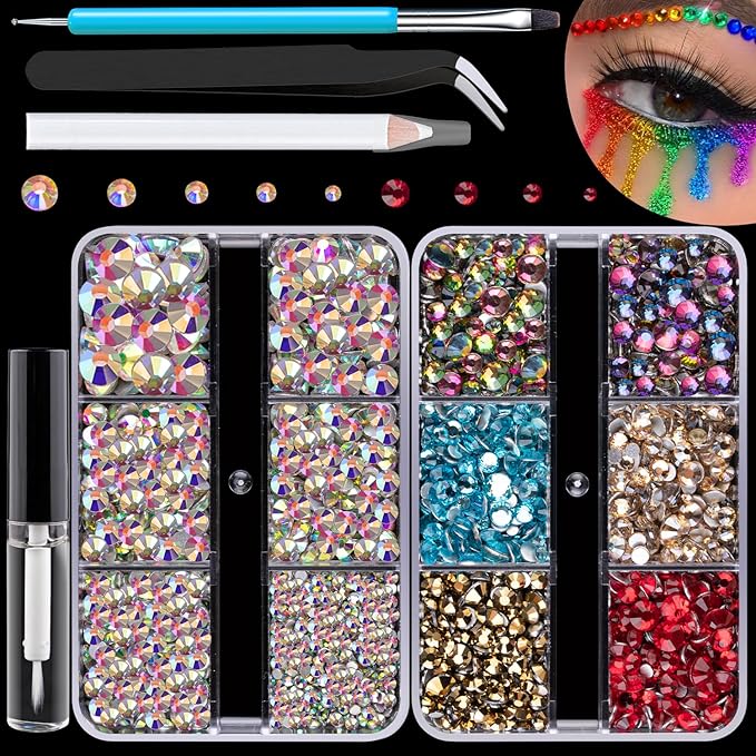 Colorful Face Gems for Makeup Set, Flatback Gorgeous AB Glass Gem, Mixed-Colored Crystals with Makeup Glue+Picker Pencil+Tweezer+Dual-End Dotting Tool for Eye Body Hair Make-up and Nail Art Deco