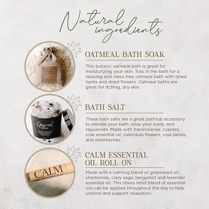 Relaxing Bath Gift Set, Luxury Spa Gifts for Women, Self Care Products for Women and Men, Calm Essential Oil Roller, Oatmeal Lavender Bath Soak & Epsom Salts with Essential Oils