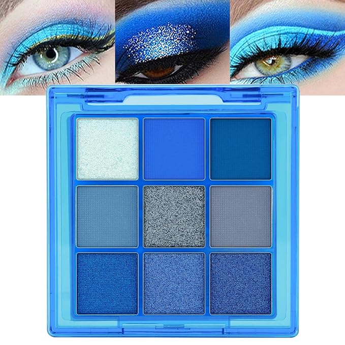 Erinde 9 Colors Dark Light Royal Cobalt Blue Pearl White Glitter Shimmer Eye Shadow Makeup Palette Highly Pigmented Waterproof Matte Glitter Shimmer Daily Party Sparkling Eyeshadow Palett for Girl