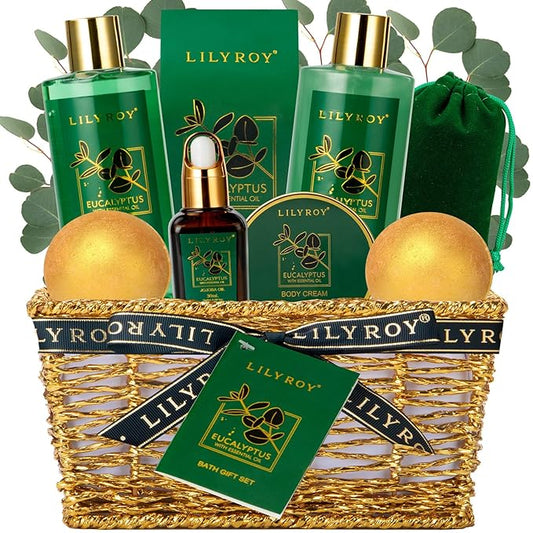 Bath & Body Gift Basket for Mothers Day - 10-Piece Eucalyptus Luxury Spa Set for Women & Men, Relaxation, Aromatherapy Ideal for Christmas, Father’s Day, Birthday with Shower Gel & More for Her & Him
