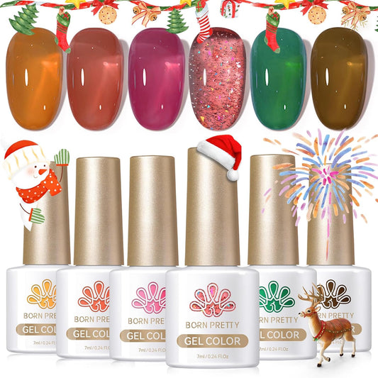Born Pretty Jelly Gel Nail Polish Halloween Christmas Fall Winter Crystal Transparent Sheer Clear Gel Polish Red Coral Burnt Orange Green Grey Amber Brown 6 Colors Manicure Kit