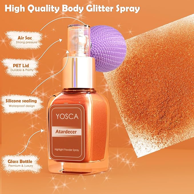 Yosca Highlighter Powder Spray, 20ML Cosmetic Grade Shimmer Powder Red Glitter Spray Sparkle Highlighter Makeup Festival Concert Accessorise for Rave Clothes Hair Face Nail Art - Atardecer