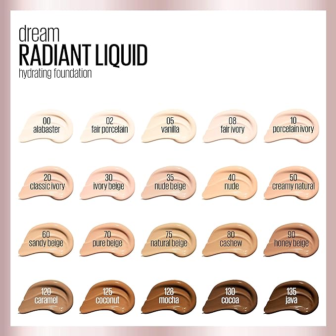 Maybelline Dream Radiant Liquid Medium Coverage Hydrating Makeup, Lightweight Liquid Foundation, Java, 1 Count