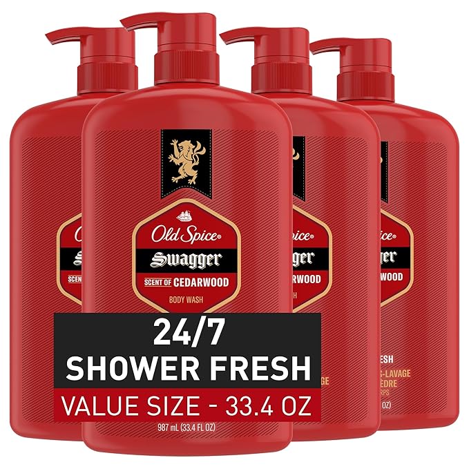 Old Spice Body Wash for Men, 24/7 Shower Fresh with Lasting Scent, Red Collection, Swagger with Cedarwood Scent, 33.4 fl oz (Pack of 4)