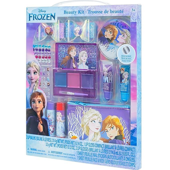 Disney Frozen - Townley Girl Super Sparkly Cosmetic Beauty Makeup Set For Girls with Clips, Lip Gloss, Nail Stickers, Lip Balm, Nail Gems and Mirror For Parties, Sleepovers & Makeovers